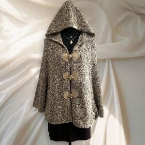 BCBG Grey and white knit hooded poncho cardigan sweater with buttons